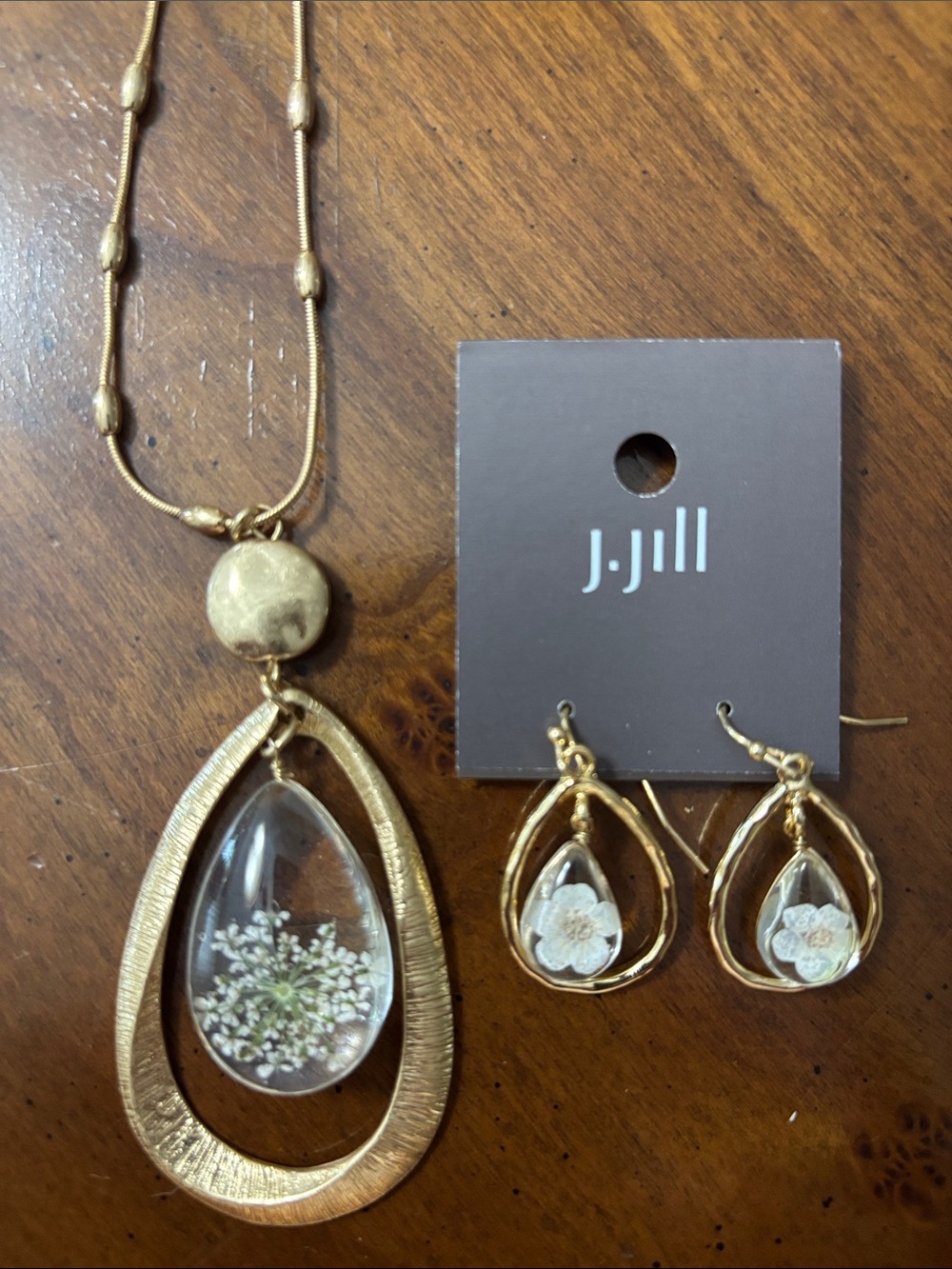 J. Jill Gold-Tone Teardrop Necklace with Clear Resin Pendant & Matching earrings